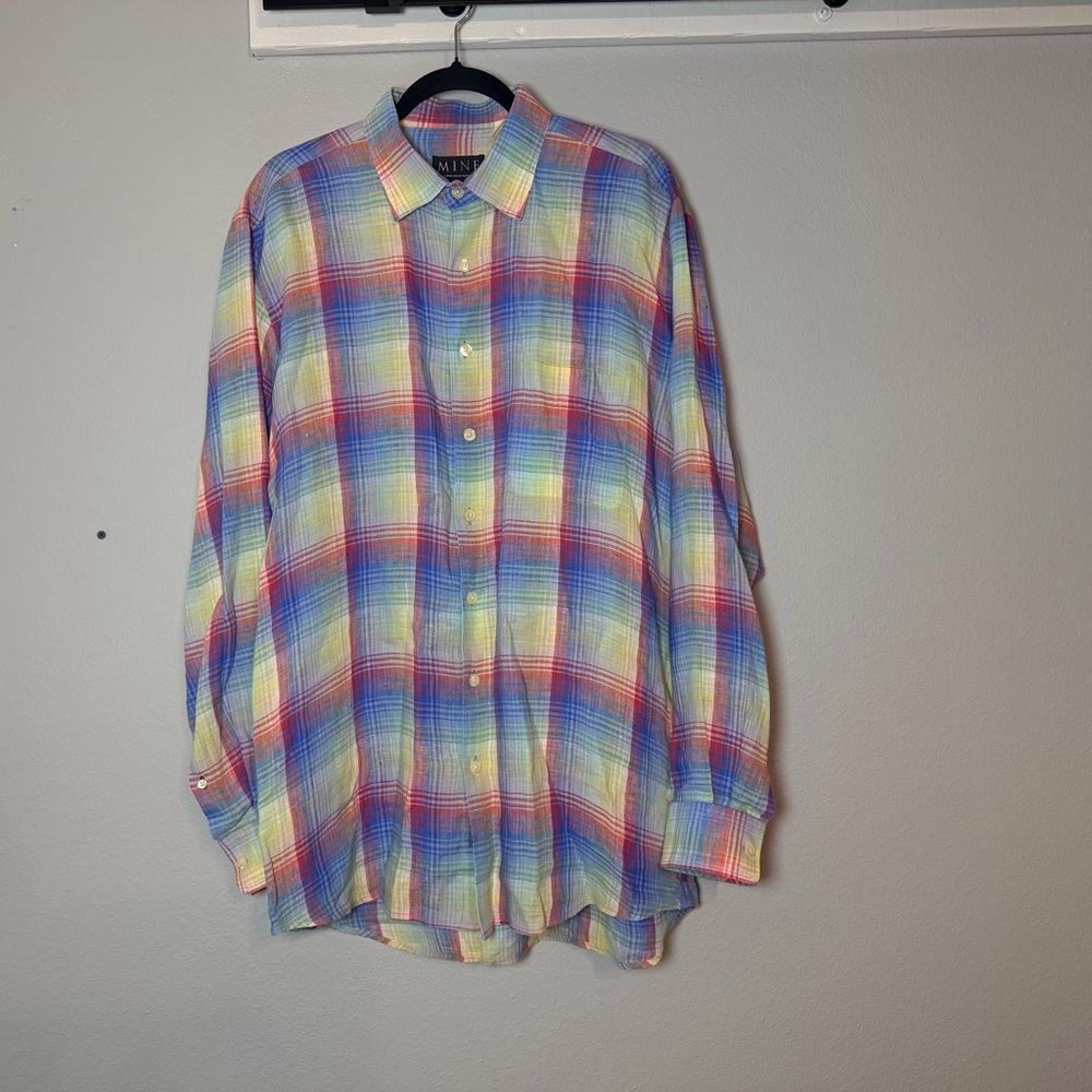 Mine Button Up Linen Shirt Mens Size Large Multicolor Plaid Bright Easter Spring